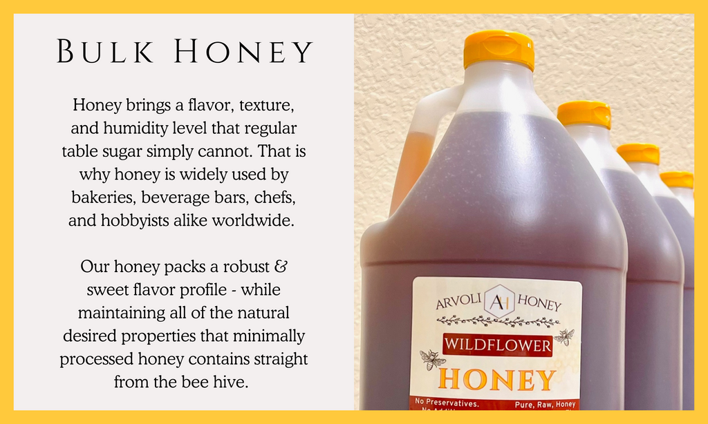 Arvoli’s raw, sweet, and robust Wildflower Honey is an affordable bulk honey option that fits most food budgets while packing a bold flavor. Our rich and lightly colored import honey is perfect for all of your sweetener uses; such as baking, making coffee or tea, candies and caramels, filling cups & jars on a charcuterie board, or adding a healthy drizzle on top of any food dish that needs an extra zing.