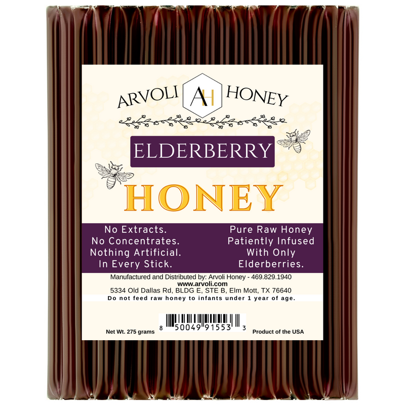 Organic Elderberries patiently infused into Premium and Pure Raw Wildflower Honey: Packed into Honey sticks (honey straws or honey stix) for you to enjoy and to help boost your immune system.