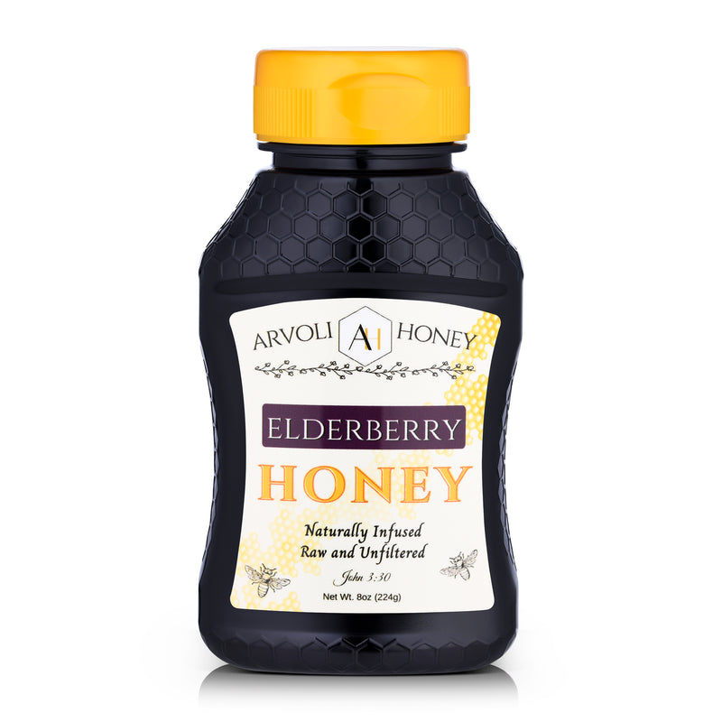 Organic Elderberries patiently infused into Premium and Pure Raw Wildflower Honey: This is our best seller - specialty honey - Bring this 8 ounce Squeeze Bottle with you to work, to school, and to your mother-in-law's house to enjoy and to help boost your immune system.